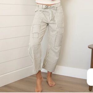 Beige and White Striped Drawstring Barrell Pants